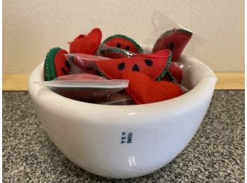 Heavy Coors Pottery Dish With Felted Watermelon And Heart Ornaments