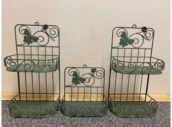 Group Of Three Hanging Green Garden Shelves With Butterfly Detailing