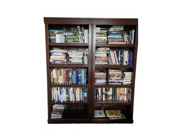 Gorgeous Double Bookcase Set With Dark Wood Staining