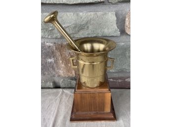 Brass Trophy Shaped Pestle & Mortar On Wooden Pedestal