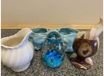 Group Of Pottery Pieces Including Bow Planter, Creamer, Paperweight And Mortar Pestle