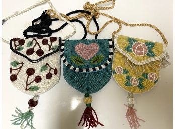 Group Of Three Mary Engelbreit Beaded Purses With Hearts, Cherries, & Flowers