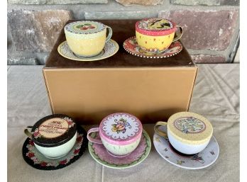 (5) Mary Engelbreit Tin Lidded Teacups With Matching Saucers