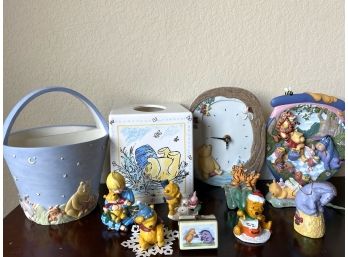 16.	Large Grouping Of Winnie The Pooh Collectibles Including Basket And Tissue Holder With Collectibles Clocks