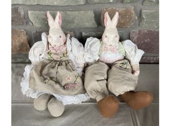 (2) Large Department 56 Porcelain Easter Bunnies With Laced Floral Pattern Outfits