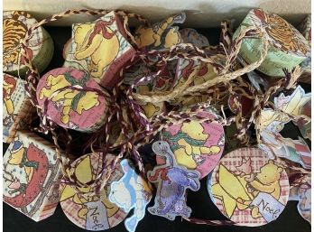 Hanging Winnie The Pooh Holiday Gift Boxes On Maroon And Cream Rope