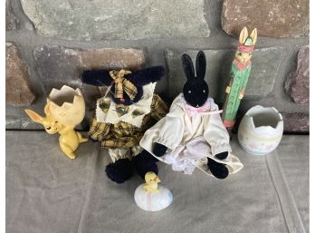 Assorted Easter Decor Including Stuffed Bunnies, Ceramic Egg Dishes, & Chick