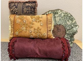 Pair Of Four Decorative Throw Pillows Including One Silk And Cotton Embroidered Pillow With Floral Detailing