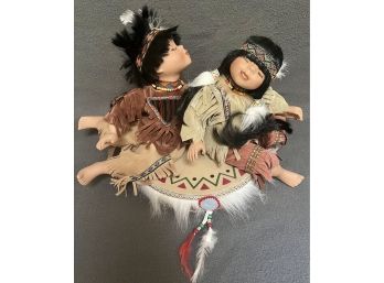 2 Porcelain Native Indians Sitting On A Drum (no Brand) With VTG Peruvian Chancay Dolls