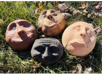 4 Clay Faces Garden Decor