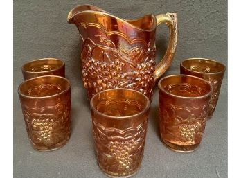 Carnival Glass Pitcher With 5 Glasses