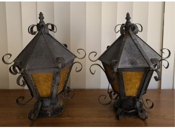 Two Vintage Wrought Iron & Stained Glass Lanterns