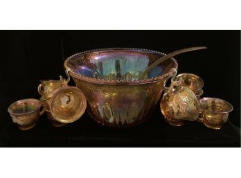 Indiana Carnival Glass Iridescent Punch Bowl With Cups And Ladle