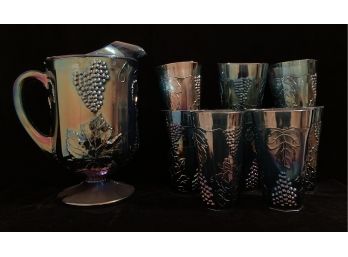 Indiana Carnival Glass Iridescent Purple Blue And Gold Pitcher And 8 Tumblers