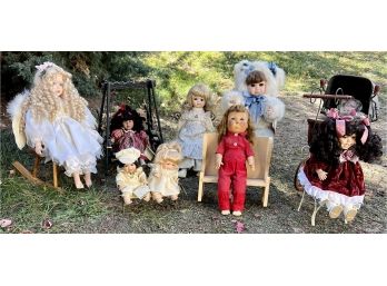 A Super Cute Collection Of Dolls Inc. A Wrought Iron Swing, Collector Choice Dolls, A Vintage Pram And More