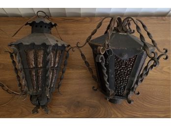 Two Wrought Iron & Stained Glass Lanterns