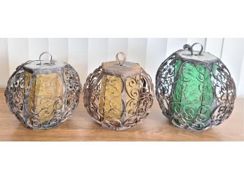 Vintage Hand Made Wrought Iron & Stained Glass Lanterns