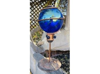Blue Glass Sphere On Copper Stand Garden Sculpture