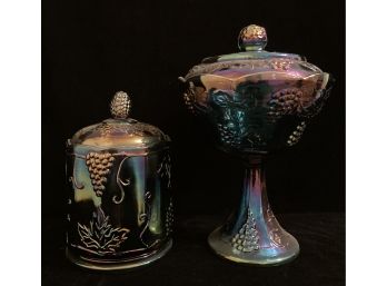 Indiana Carnival Glass Iridescent Purple Blue And Gold Lidded Jar And Candy Dish