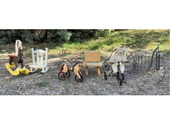 A Cute Collection Of Metal Bikes, A Wooden Horse Rocker And Other Seating For Dolls