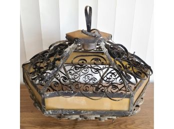 Vintage Hand Made Wrought Iron & Stained Glass Ceiling Light