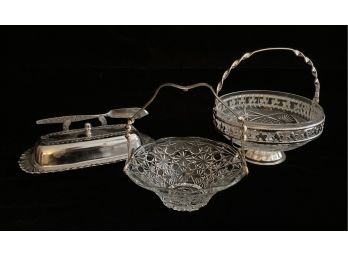 Pair Of Crystal Baskets And Metal Butter Dish