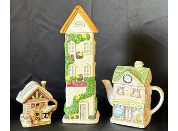 Ceramic Pasta Holder With Cottage And Bird House Tea Pots
