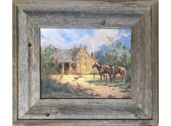 Western Pastoral Scene In Vintage Wood Frame Featuring Stone Farmhouse, Chickens And Horses