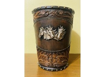 Triple Horse Head Faux Tooled Leather Waste Basket