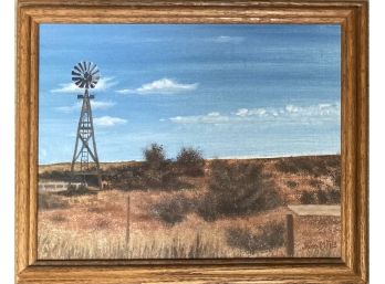 Western Landscape Painting Featuring Old Farm Windmill And Desert Brush, Signed By John M. 83