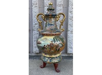 Asian Cloisonne Like Footed Jar With Lid