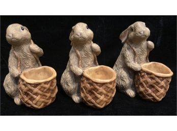 Trio Of Bunny Ceramic Figurines With Baskets On Front