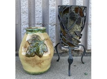 Glazed Leaf Vase With Mossy Planter In Metal Stand