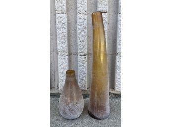 Pair Of Frosted Yellow Glass Bottles
