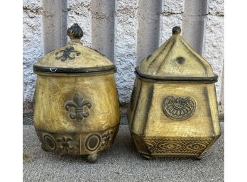 Pair Of Yellow Lidded Metal Decorative Jars