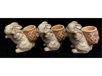 Trio Of Bunny Ceramic Figurines With Baskets On Back