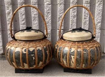 Pair Of Hand Woven Bamboo Elephant Covered Rice Jars