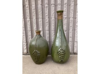 Pair Of Large Green Glazed Bottles