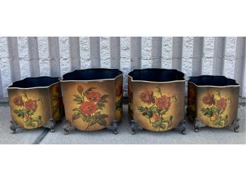 4 Piece Lot Of Flower Decorated Footed Cans