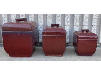 Trio Of Decorative Red Glazed Ceramic Lidded Containers