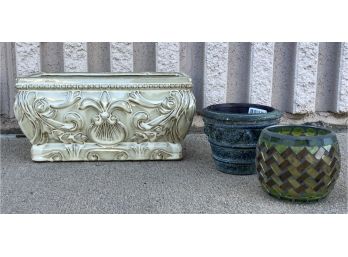 Two Decorative Planters And A Mosaic Glass Candleholder