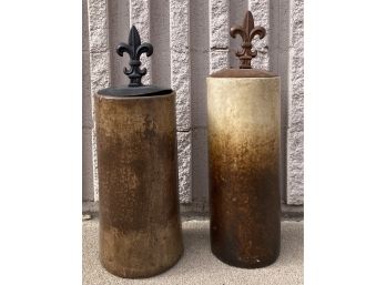 Pair Of Clay Containers With Fleur De Lis Accented Metal Lids