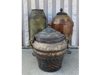 Trio Of Metal Decorative Urns, Two With Lids