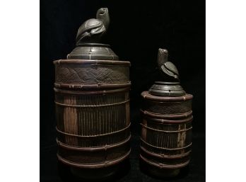 Pair Of Wicker Jars With Turtle Adornment On Lid