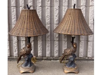 Pair Of Tropical Parrot Base Lamps With Wicker Shades