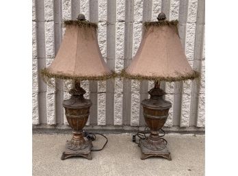 Pair Of Acanthus Decorated Lamps With Fringed Fabric Shades