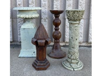 2 Candle Holders, An Artichoke Finial And A Metal Urn With Stand
