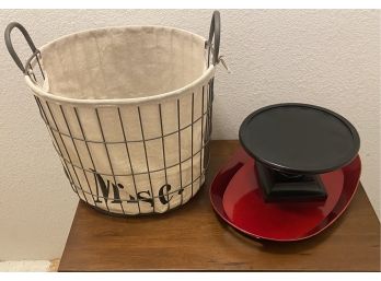 Metal 'misc' Basket With Fabric Lining Along With Plastic Tray & Wooden Pedestal