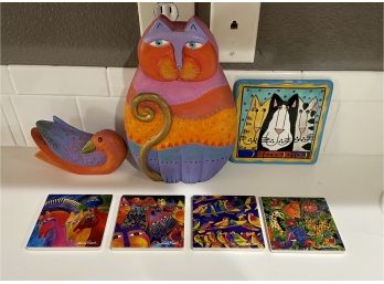 Assorted Collection Of Laurel Burch Decor Items Including Coasters, Candle Stand & Figurines
