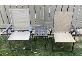 2 Fabric/metal Folding Chairs With Small Metal Patio Table